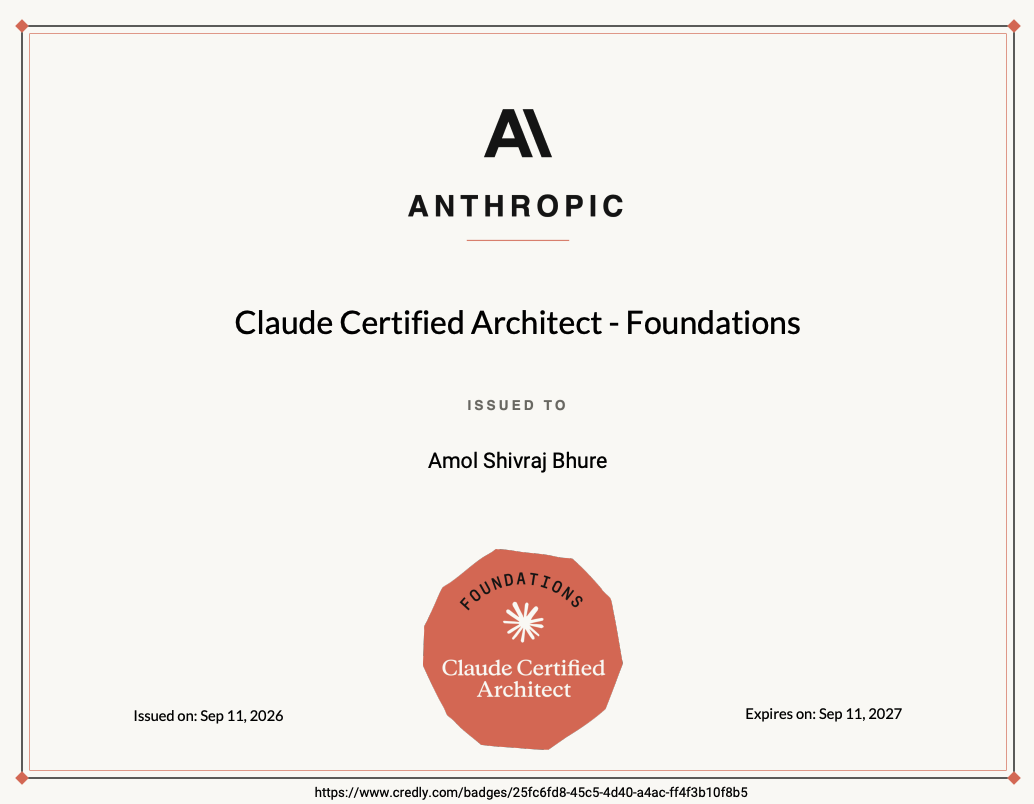 Claude Certified Architect – Foundations certificate issued to Amol Shivraj Bhure, September 2026