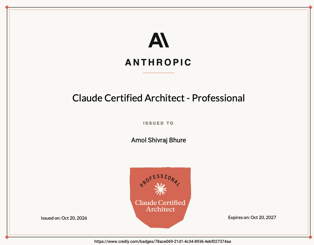 Claude Certified Architect – Professional certificate issued to Amol Shivraj Bhure, October 2026