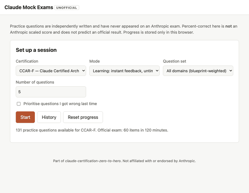 Recording of the practice app: setting up a five-question CCAR-F session in learning mode, answering one question correctly and one incorrectly with the explanation of every option, then the results page with per-domain scores and recommended study.